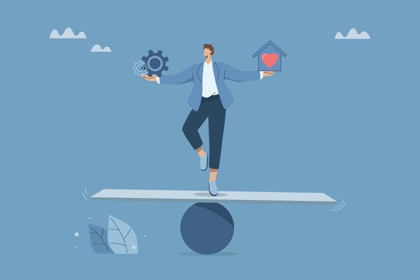 Managing work time and family life, Balancing work and personal life, Work stress and living a happy life, Businessman standing holding balance between gears and family. design illustration. vector