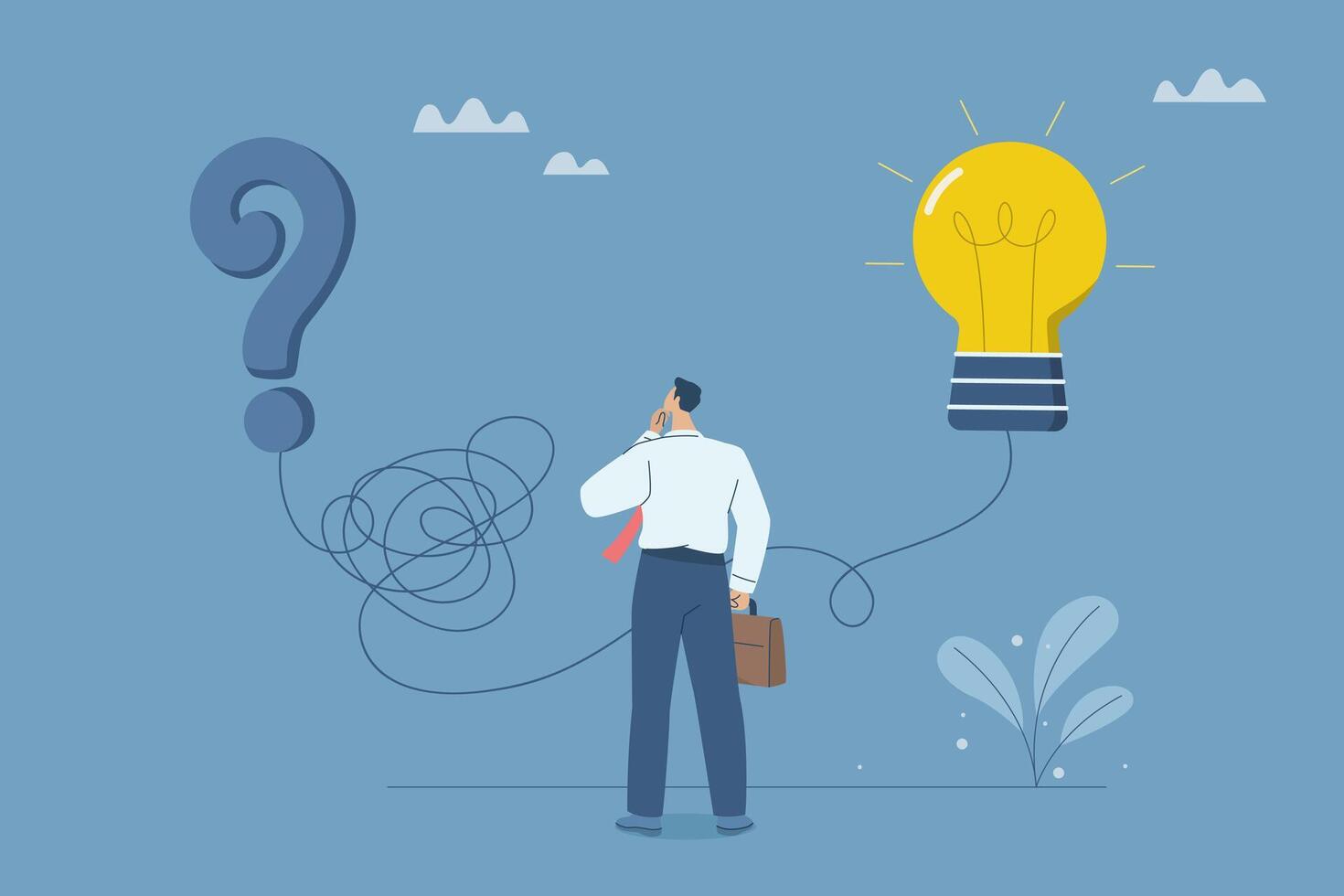 Complex problem solving process to simple problem solving concept, Concept of solving problems with simple ideas, Businessman thinking how to untie a tangled rope into a simple straight line. vector