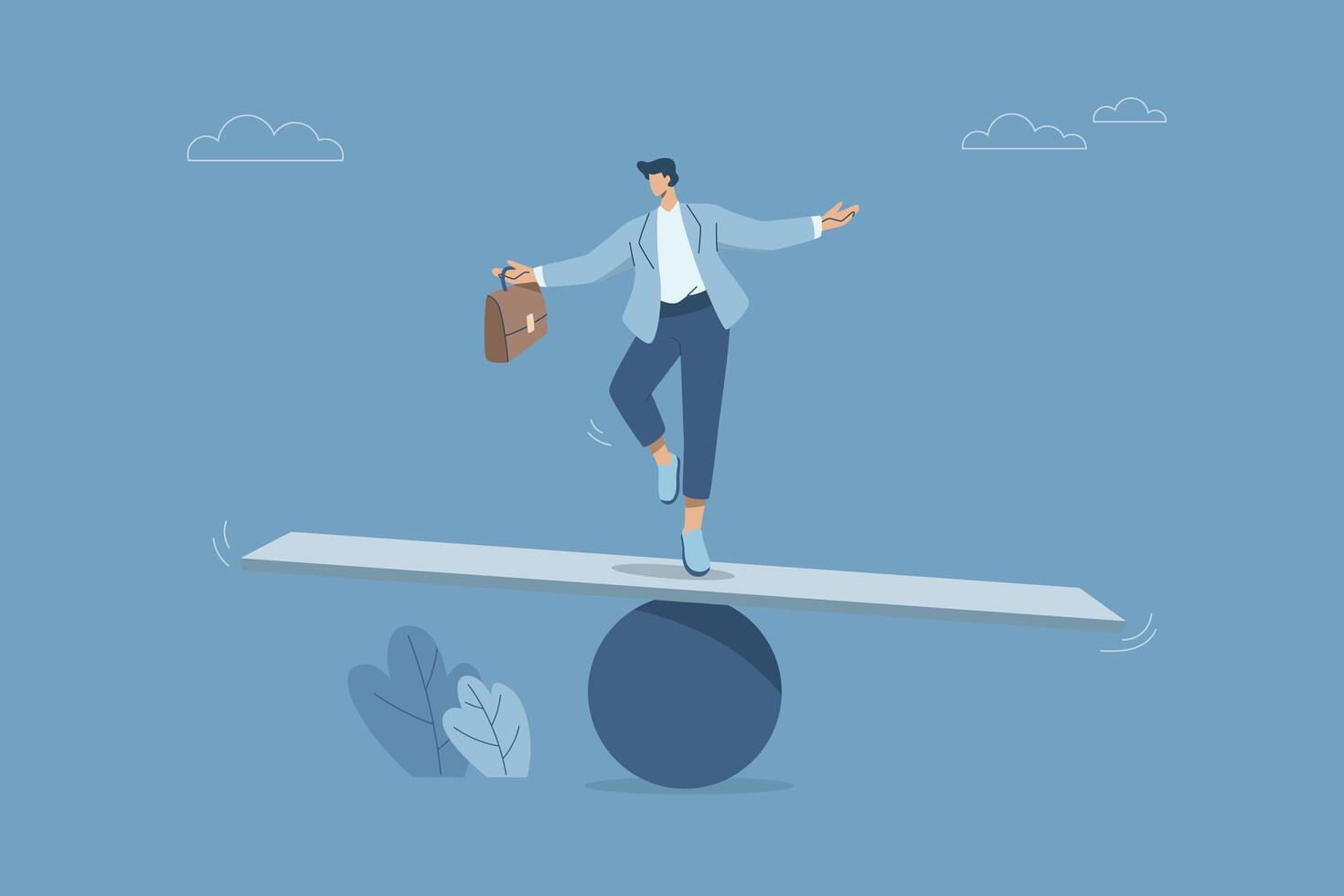 Businessman balancing on a plank, Concept of flexibility and adaptability, Flexibility or agility in response to uncertain situations, Adapting strategies to adverse business situations, . vector