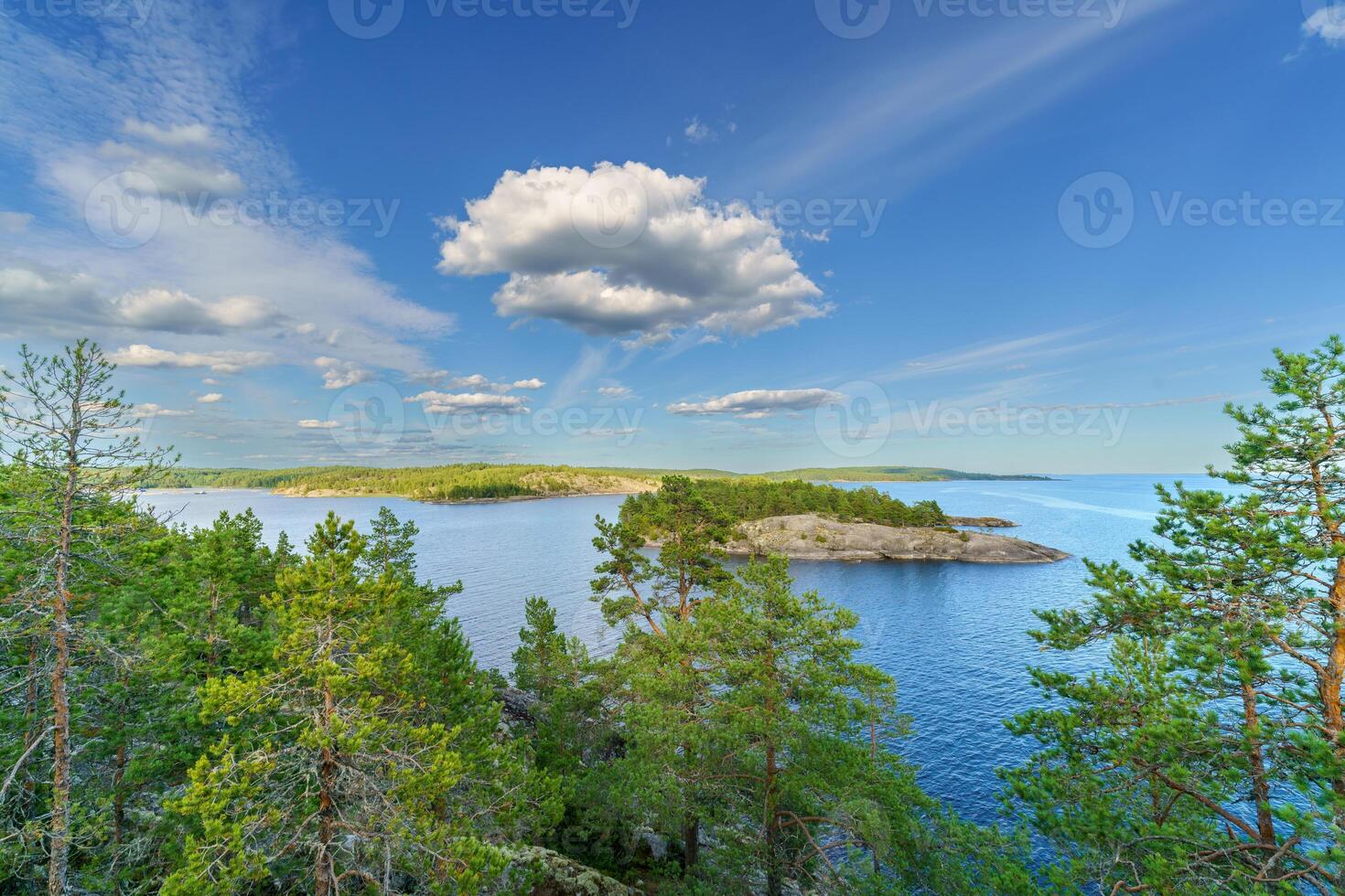 Beautiful stones and pine trees on the lake. Landscape of wild nature. photo