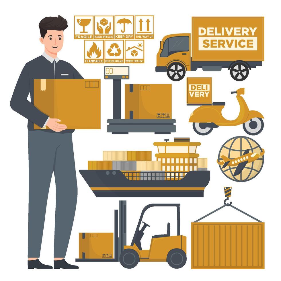Logistic icons set Delivery shipment transport loaders and couriers with cardboard boxes, forklift, truck, container ship vector