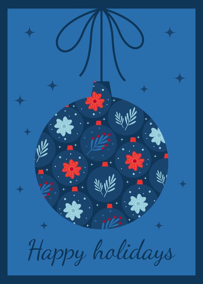 Christmas card with beautiful Christmas tree ball. Festive illustration on dark blue background for postcard, poster, invitation, greeting, greetings, poster. vector
