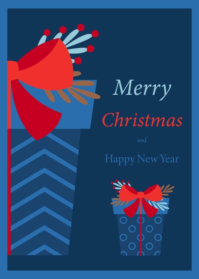 Festive vertical greeting card with gifts and congratulations on Christmas and New Year. Dark blue background. Illustration for seasonal winter holidays. vector