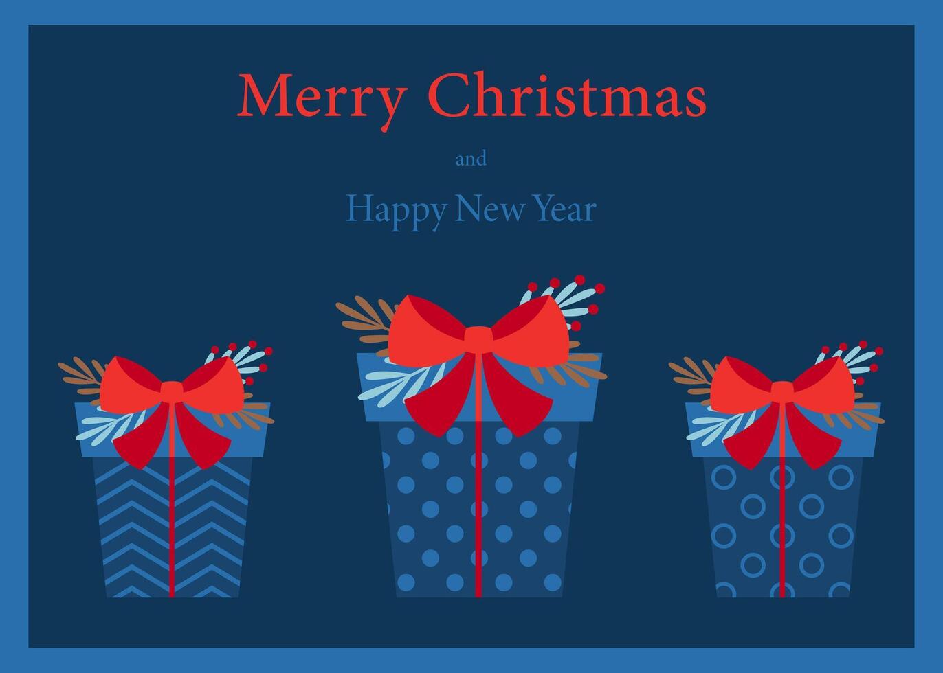 Holiday card with gifts and greetings Merry Christmas and Happy New Year. Illustration for seasonal winter holidays. vector