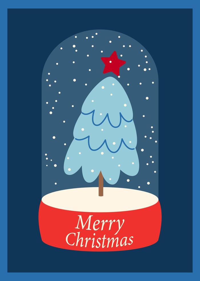 Christmas card with glass snow globe, Christmas tree, snowflakes. Illustration for seasonal holidays, greeting card, invitation, poster, congratulations. vector