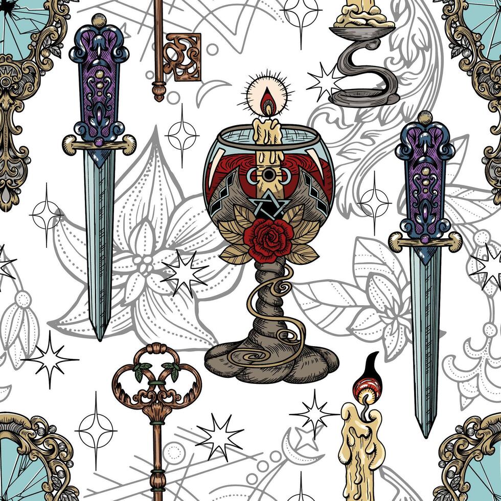 Seamless pattern with colorful engraved mystic and gothic objects - cup, ritual knife, key, broken mirror. Halloween background with esoteric and occult symbols vector