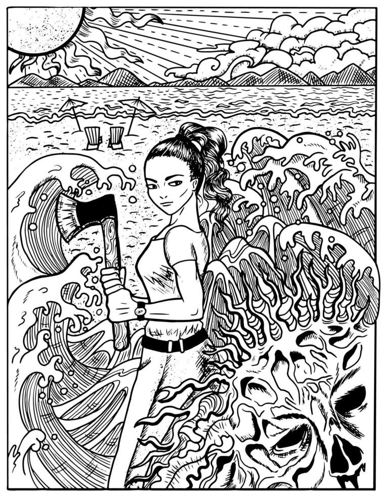 Hand drawn cartoon illustration with zombie apocalypse concept for horror coloring page. Beautiful girl with axe fighting undead zombie monster against seashore landscape background. vector