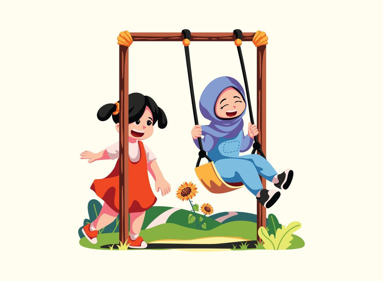 Two happy girls playing on a swing vector