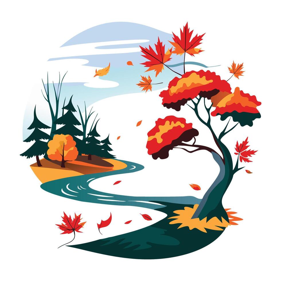 A flat illustration of a picturesque fall landscape with vibrant autumn foliage vector