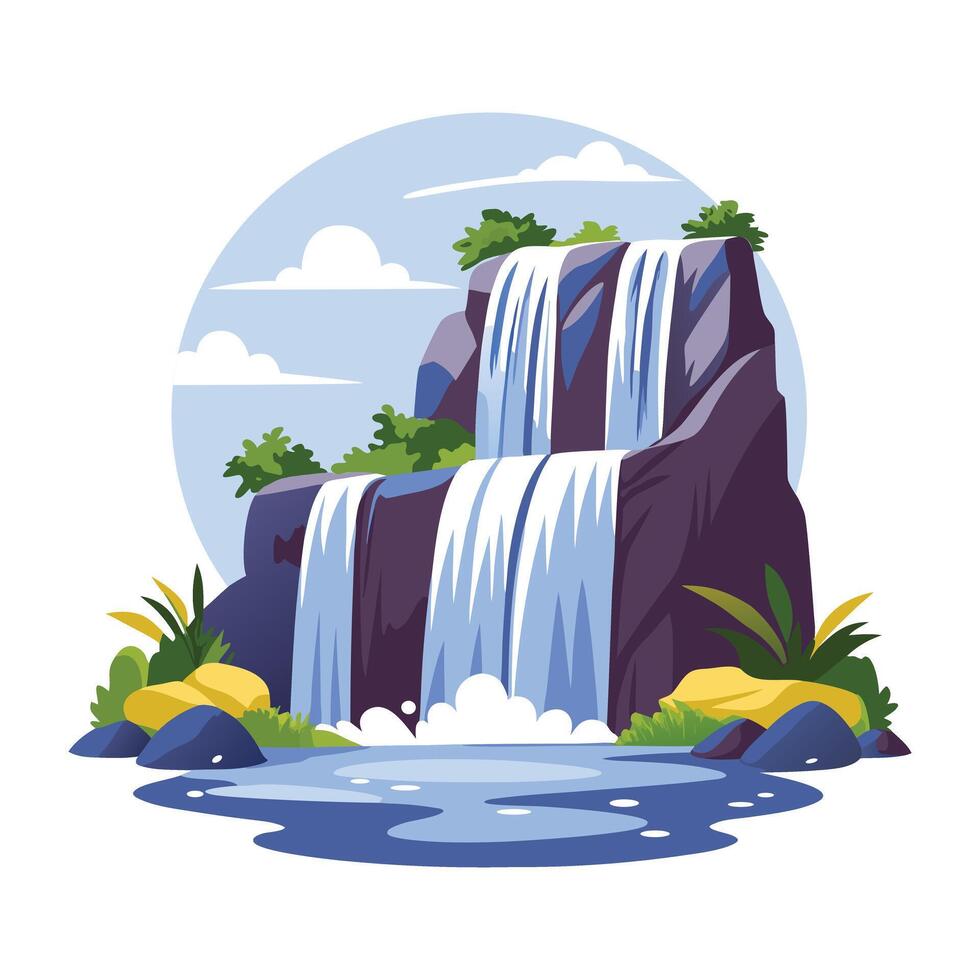 A flat illustration of a snow mountain range with a serene lake in the foreground vector
