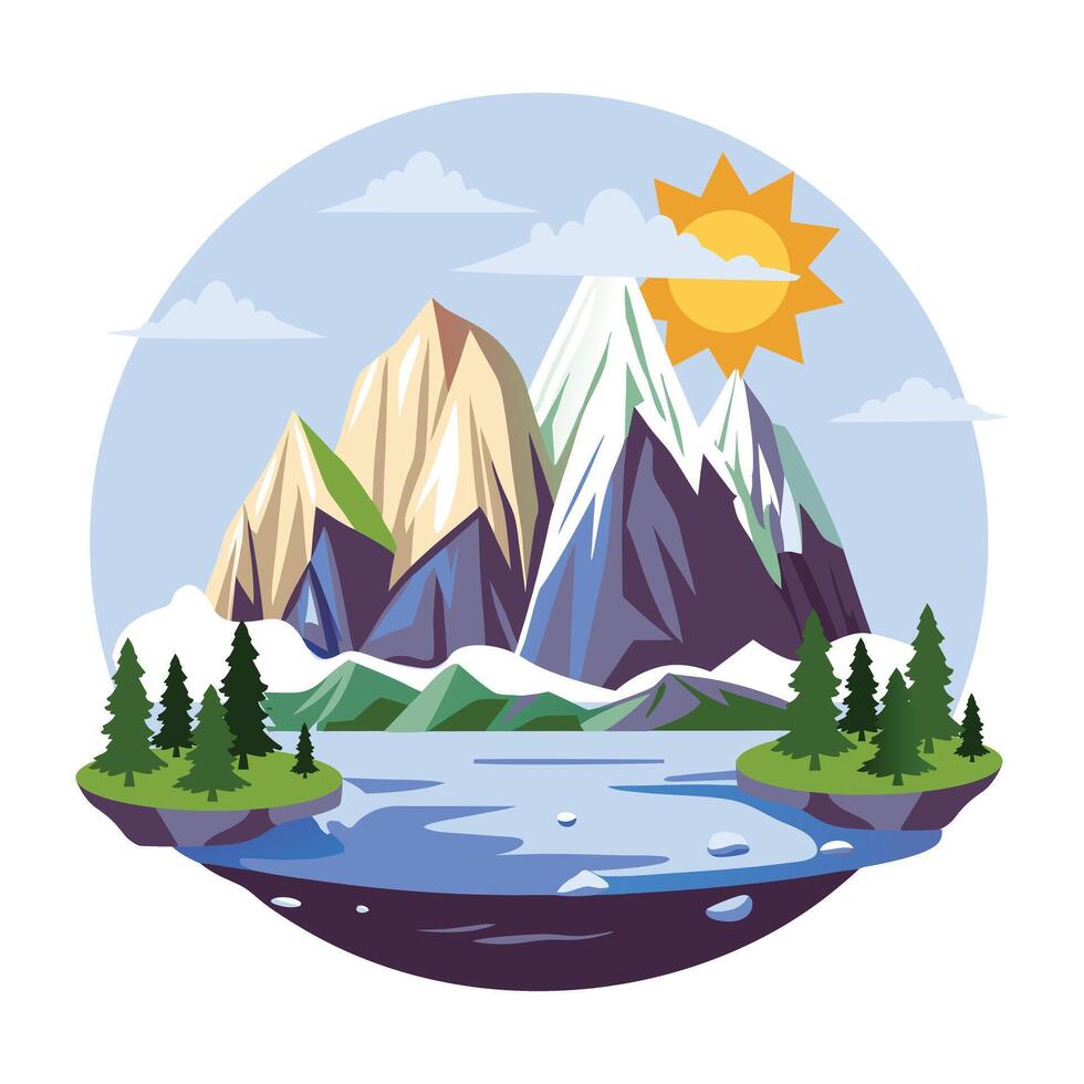 A flat illustration of a stunning mountain view with a serene lake reflecting the majestic peaks vector