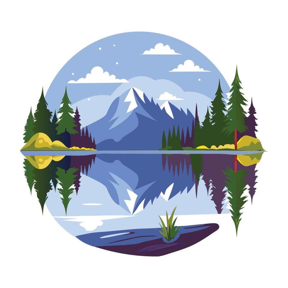 A flat illustration of a snow mountain range with a serene lake in the foreground vector