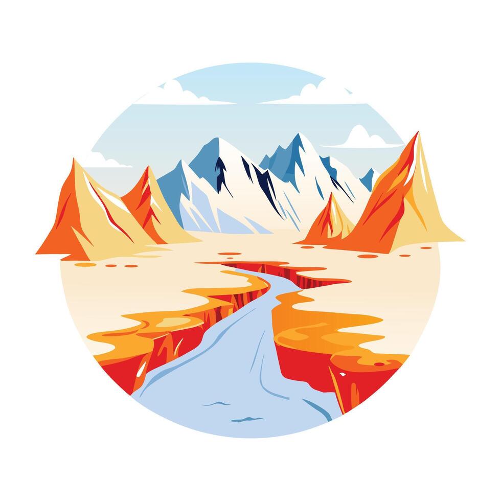 A flat illustration of a stunning mountain view with a serene lake reflecting the majestic peaks vector