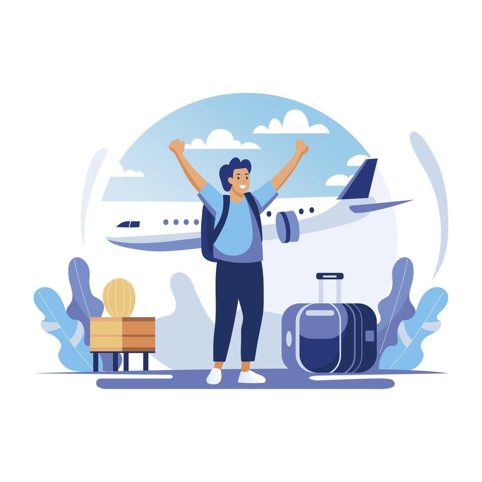Flat illustration shows a happy traveller with his luggage, ready to board a plane vector