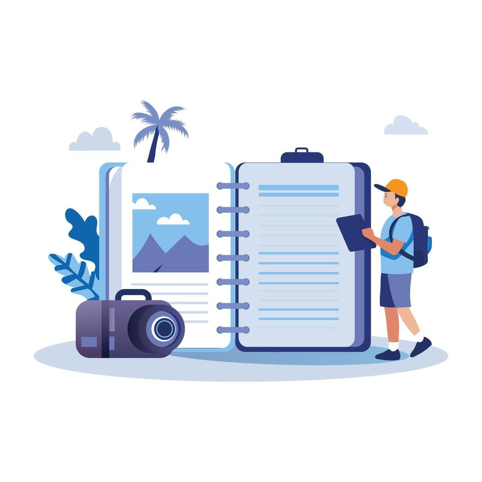 Person with travel journal and camera, flat illustration vector