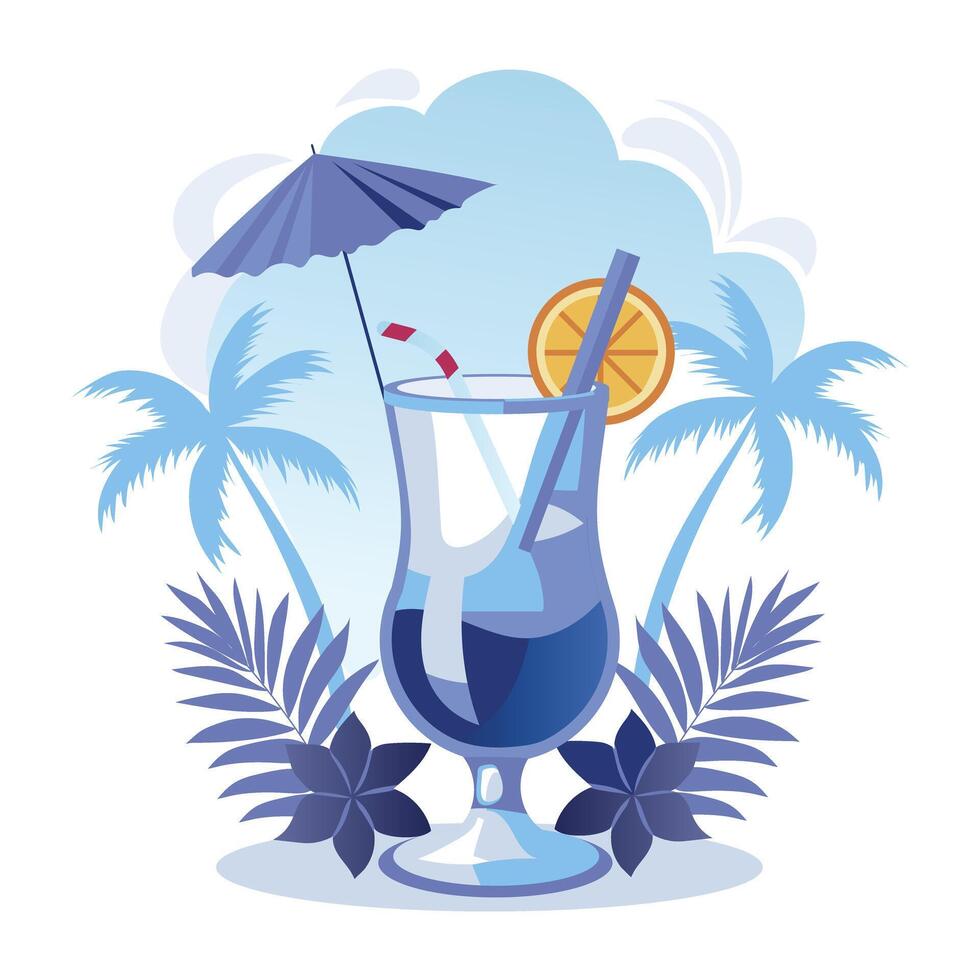 Flat illustration shows a refreshing tropical cocktail with a colourful umbrella, orange slice, and straw vector