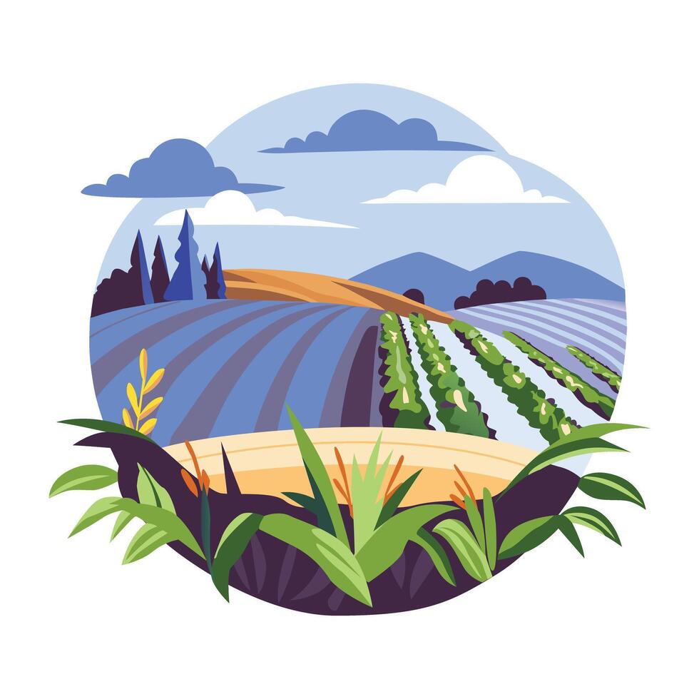 A flat illustration of a picturesque farmland landscape with rolling hills, lush fields, and a clear blue sky vector