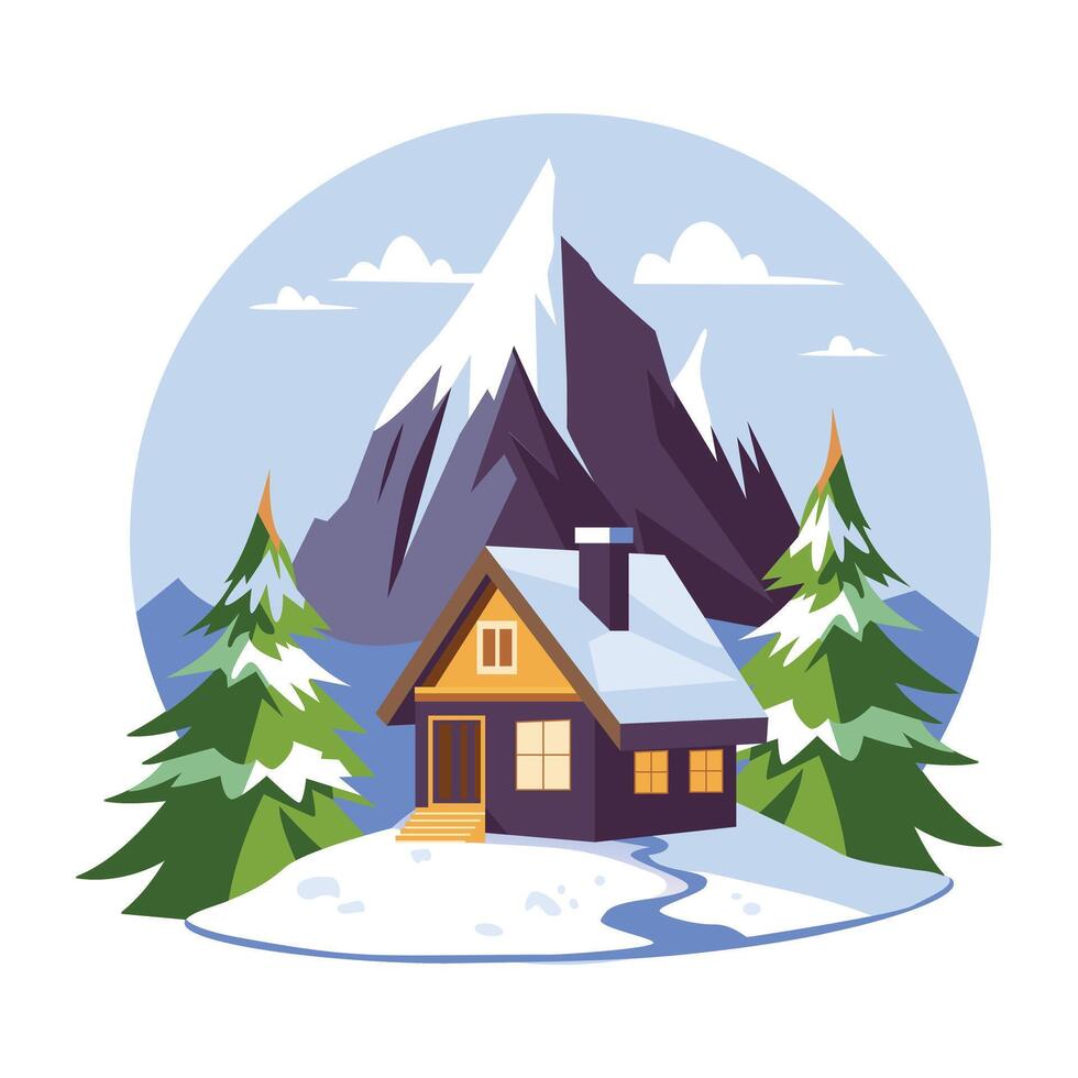A flat illustration of a snow mountain range with a serene lake in the foreground vector