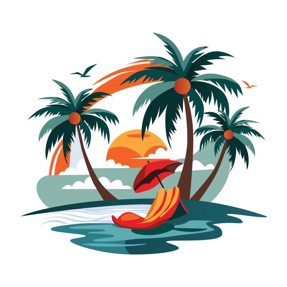 A flat illustration of a beautiful beach sunset with palm trees, a lounge chair, and a vibrant sky vector