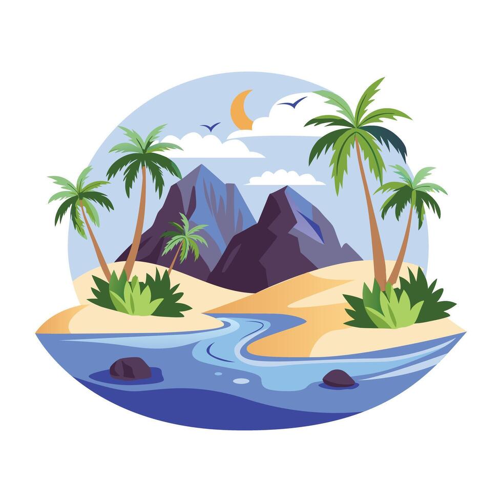 A flat illustration of a snow mountain range with a serene lake in the foreground vector