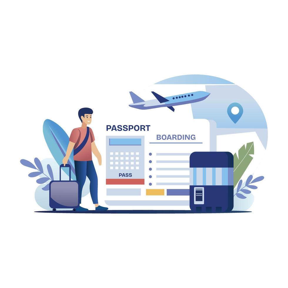 This flat illustration shows a person holding a passport and boarding pass, ready to travel vector