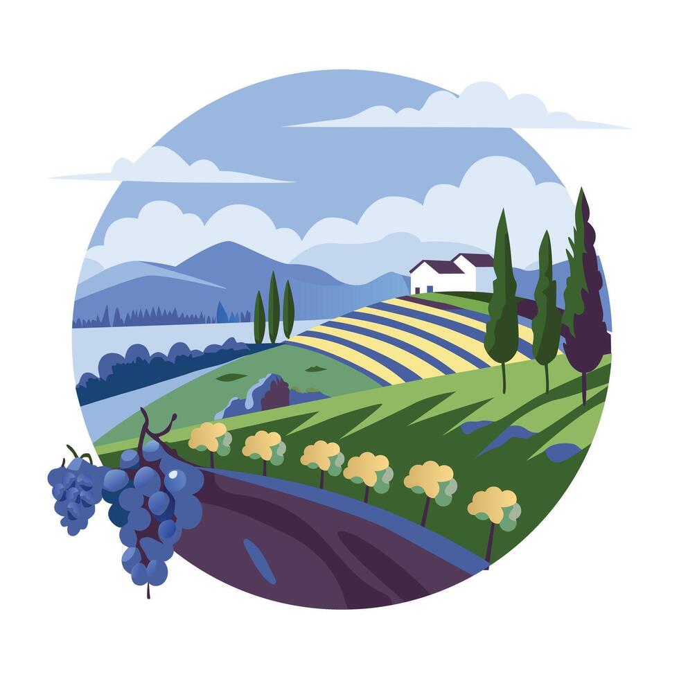 A flat illustration of a picturesque vineyard landscape with rolling hills, a charming farmhouse vector