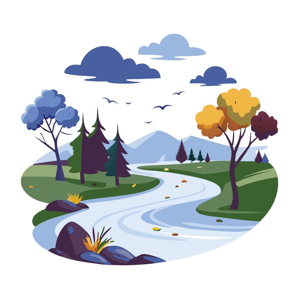 A flat illustration of a snow mountain range with a serene lake in the foreground vector