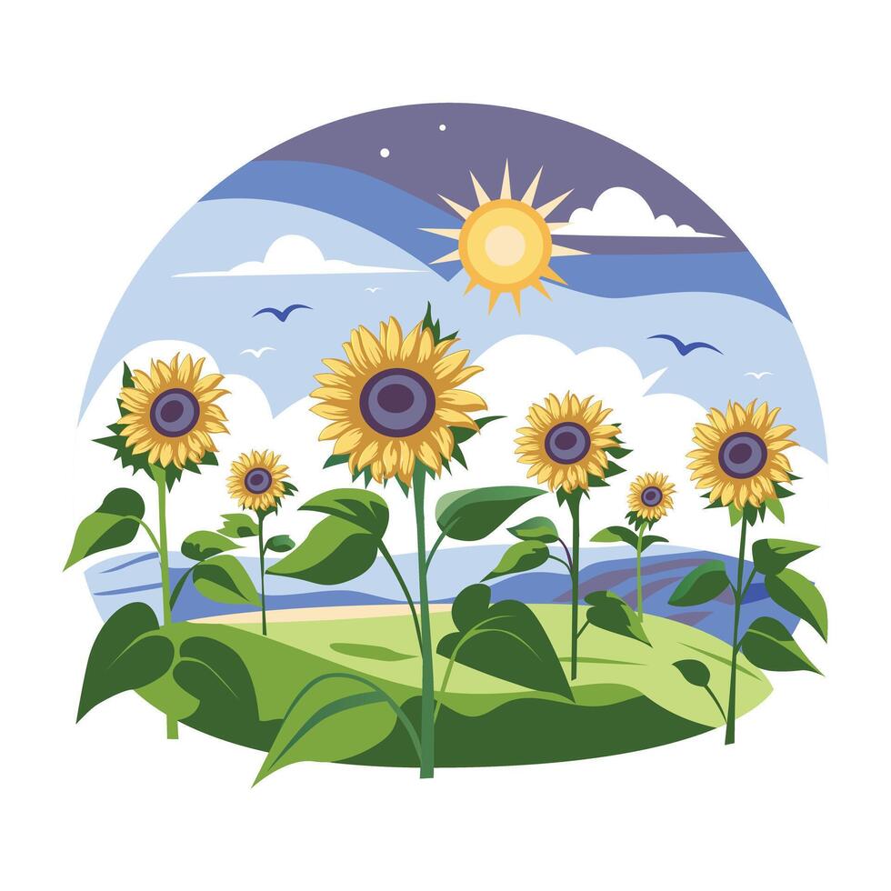 A flat illustration of a vibrant sunflower field blooming under a bright sun vector