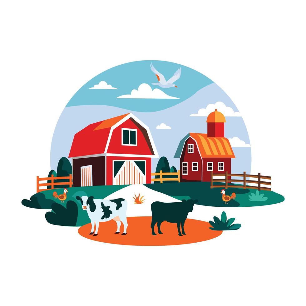 A flat illustration of a cattle farm scene with a red barn, a silo, cows grazing in a field vector