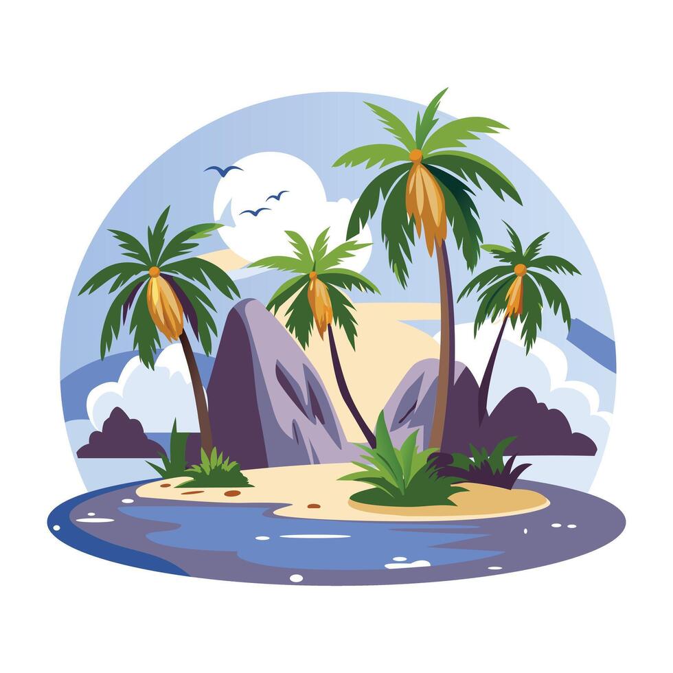 A flat illustration of a snow mountain range with a serene lake in the foreground vector