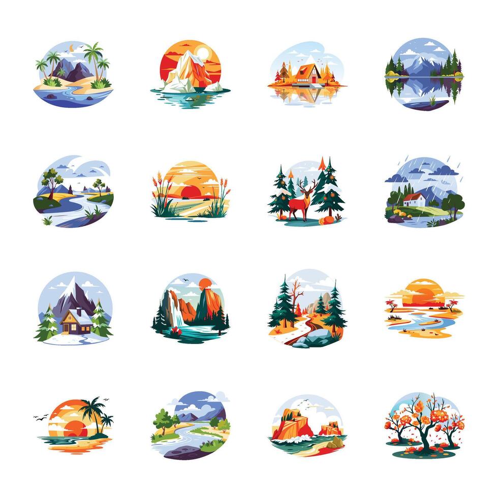 Collection of Flat Style Landscape Illustrations vector