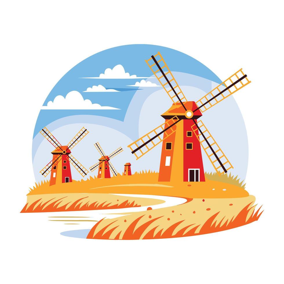 A flat illustration of a picturesque landscape with several traditional windmills vector