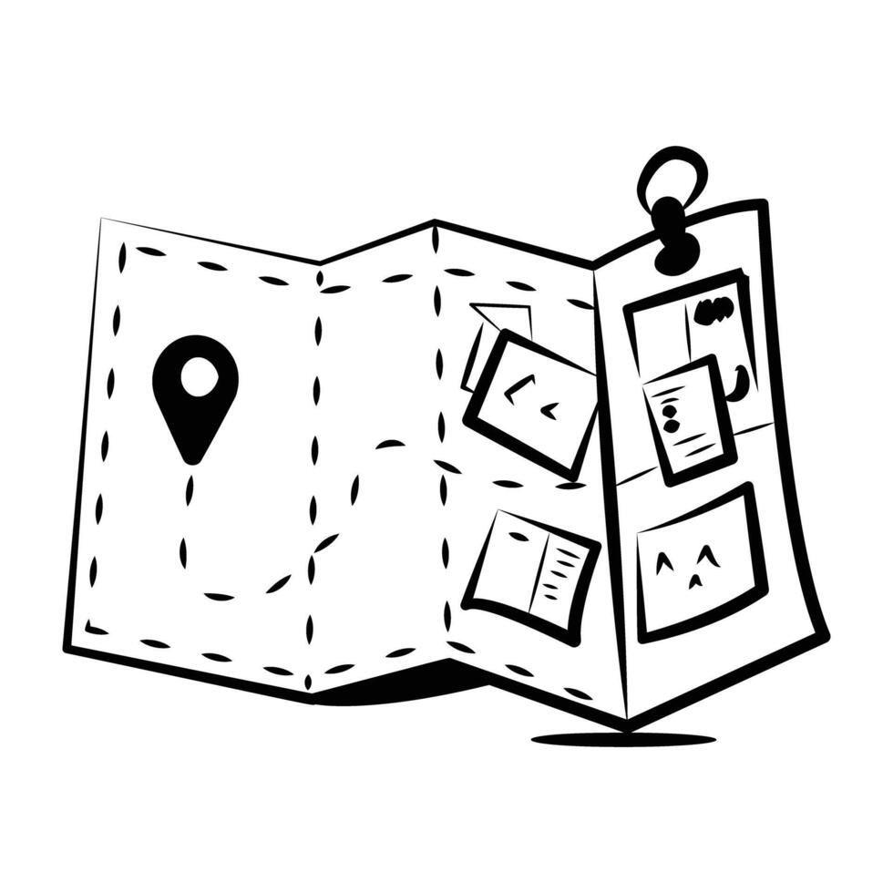 Hand drawn icon of a paper map with a pin and notes vector