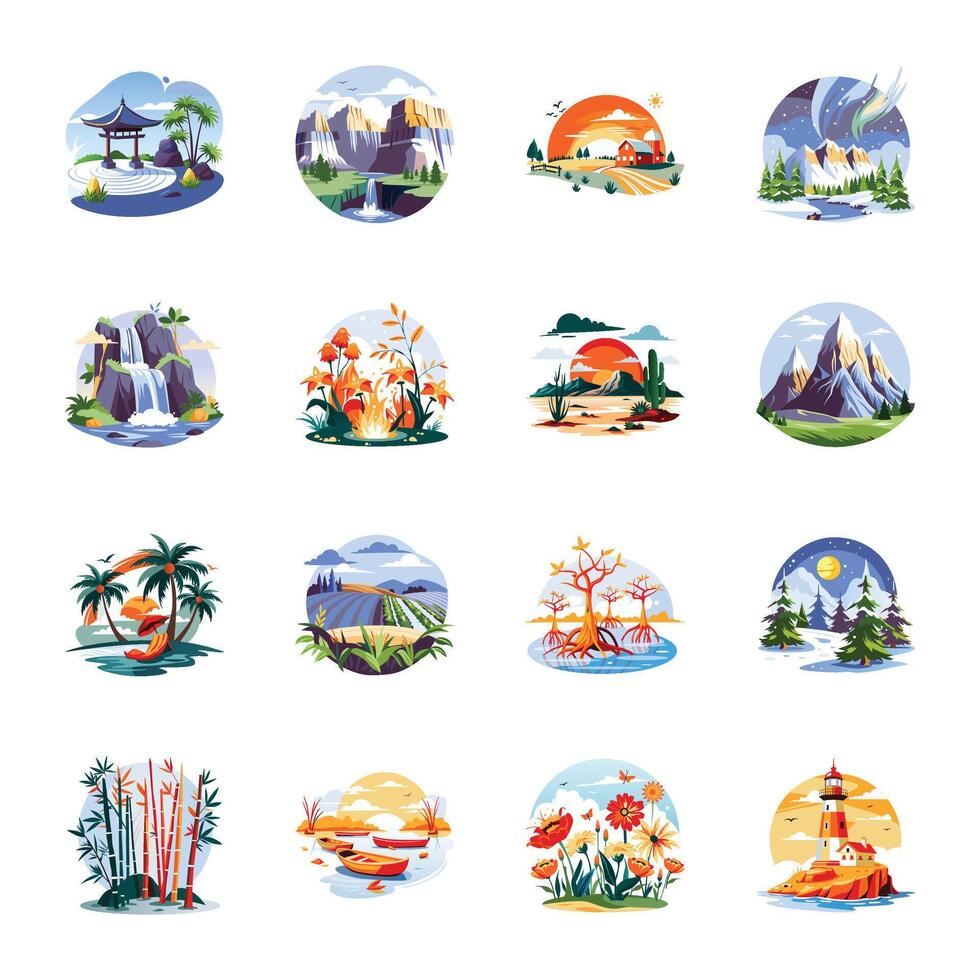 Set of Flat Style Scenic Views Illustrations vector