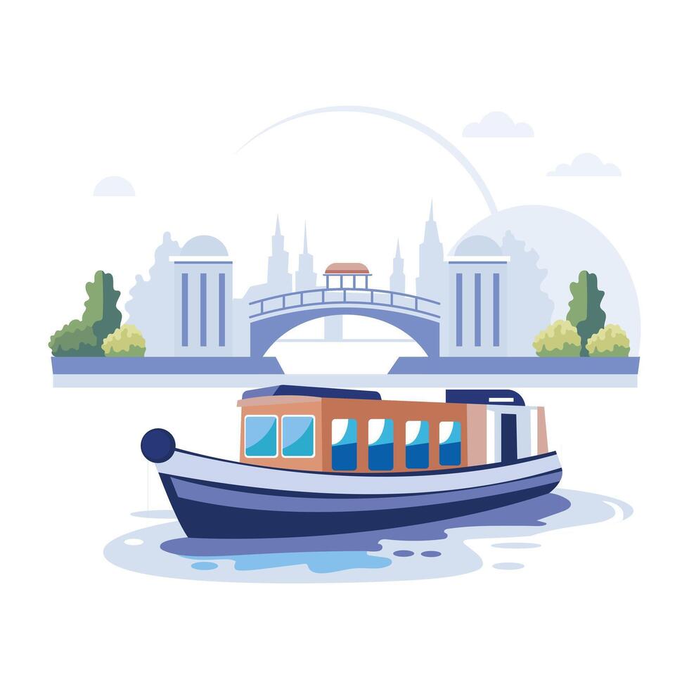 A flat illustration shows a barge sailing on a river under a bridge in a cityscape vector
