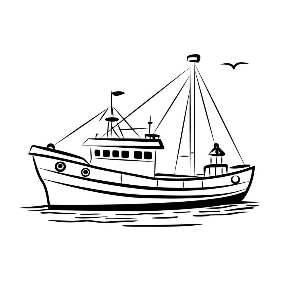 Hand drawn icon of a fishing boat on the water vector