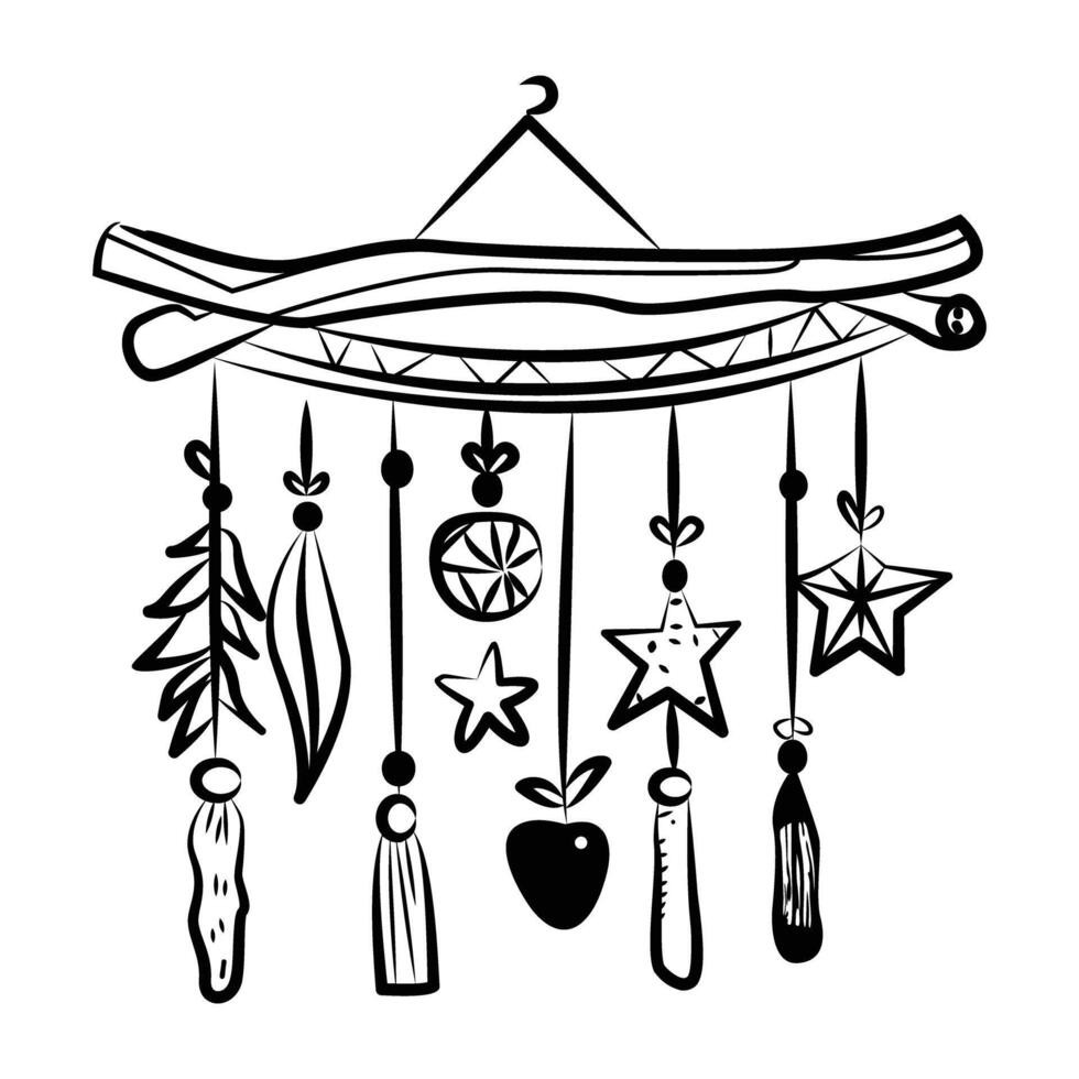 Hand drawn icon of a driftwood hanging with various decorations vector