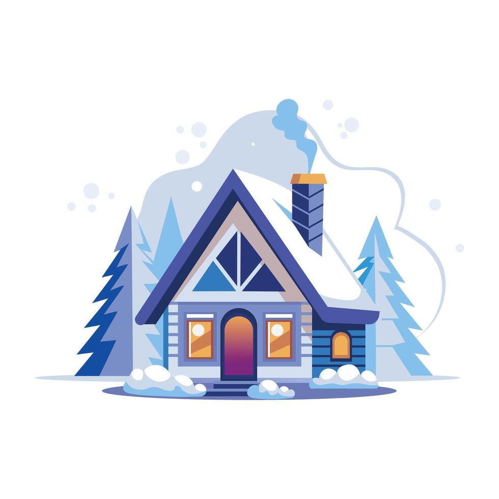 A flat illustration shows a cozy cabin covered in snow vector