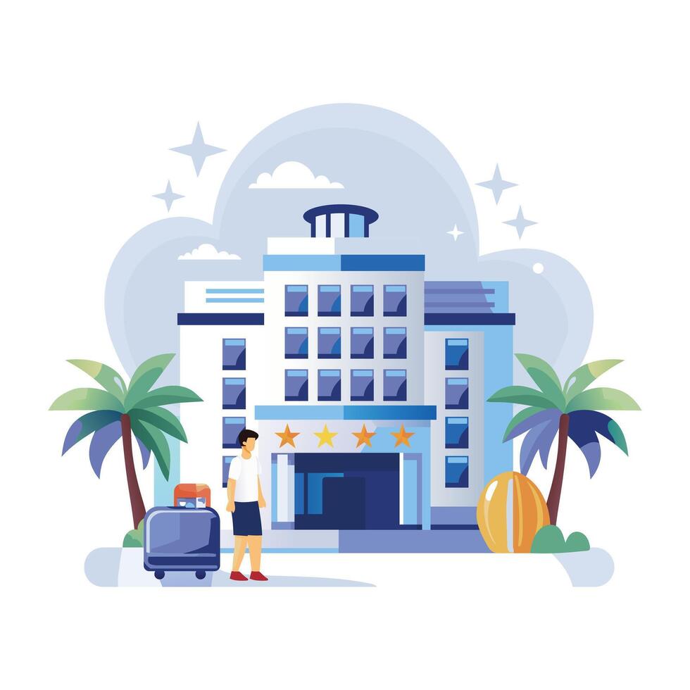 This flat illustration shows a person with luggage checking into a luxurious hotel vector