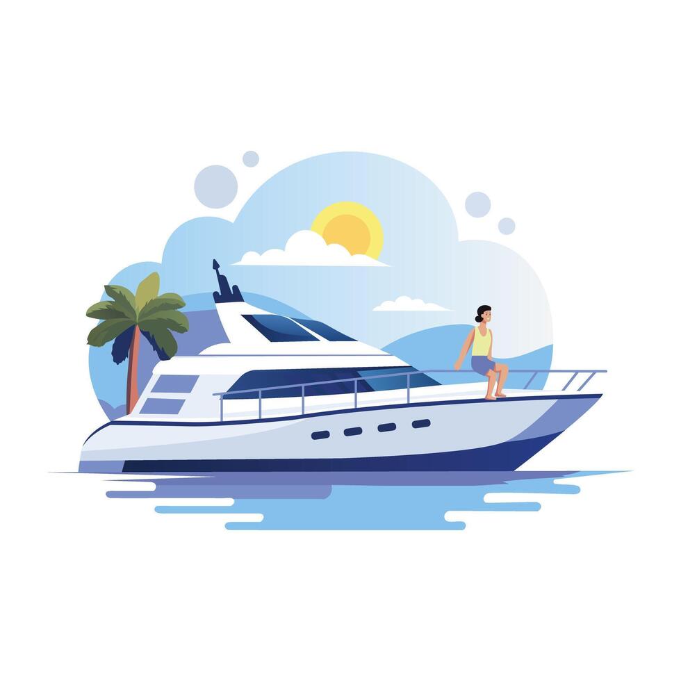 Person relaxing on a luxurious yacht, flat illustration vector
