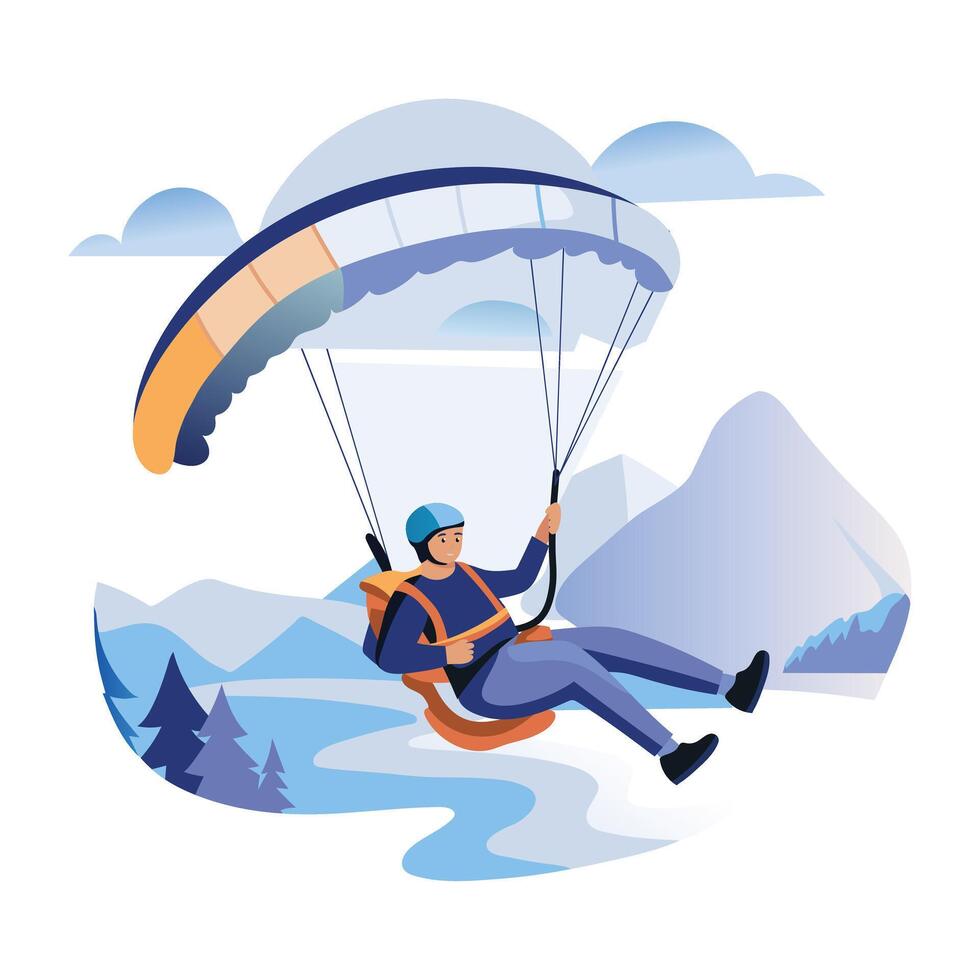 This flat illustration shows a person paragliding over a beautiful mountain landscape vector