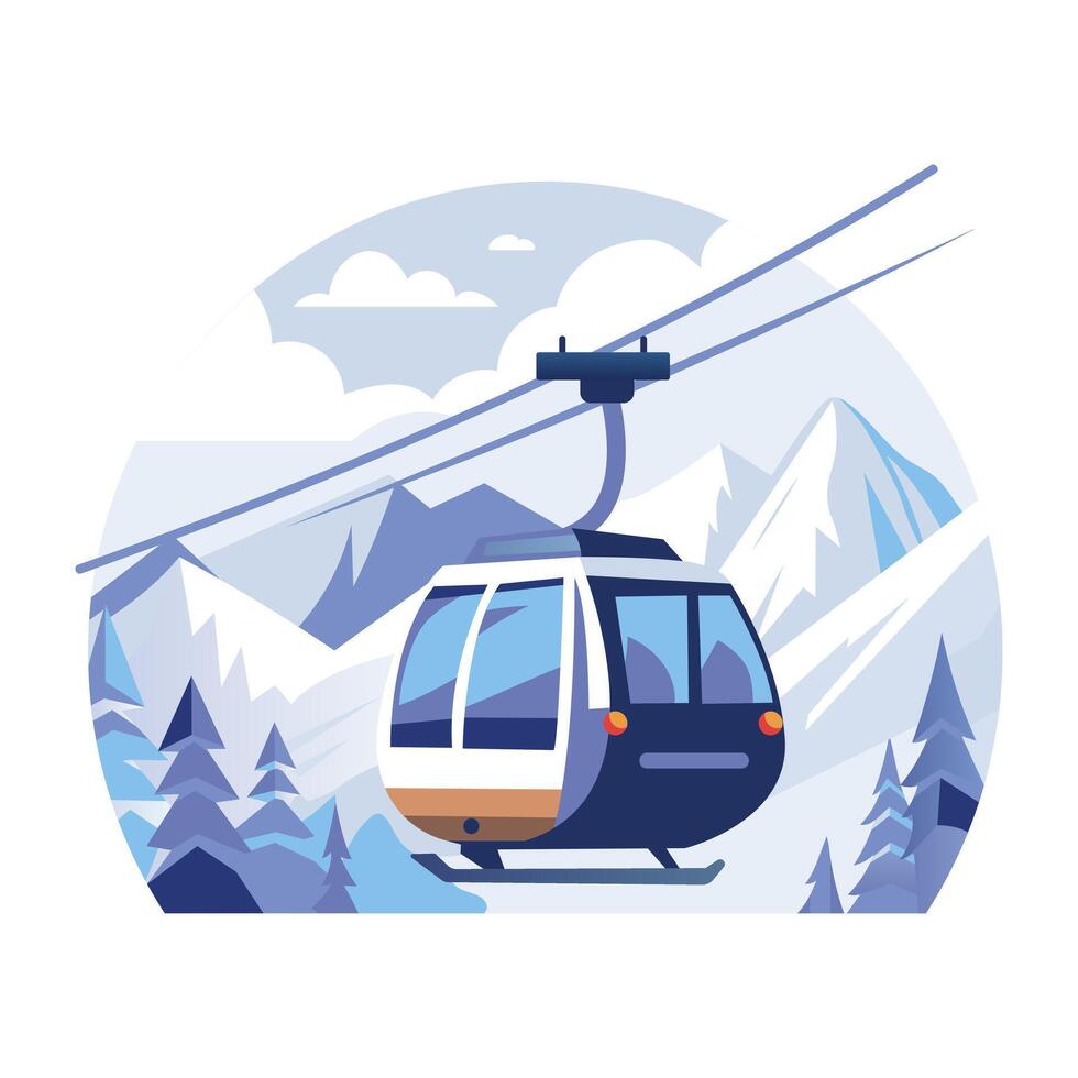 This flat illustration shows a cable car moving through a snowy mountain landscape vector