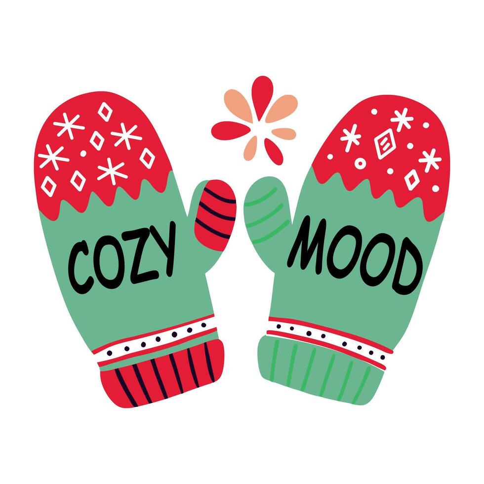A flat sticker of winter gloves with cozy mood typography vector