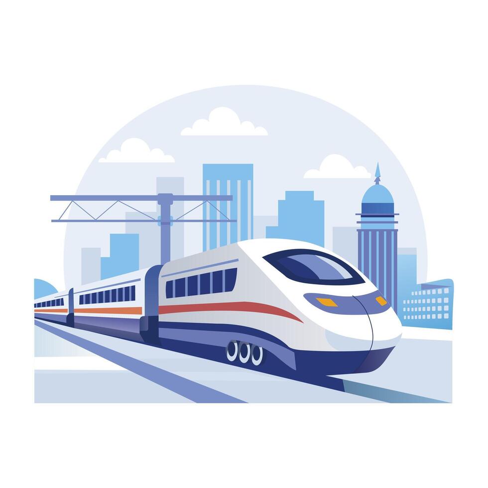 A flat illustration shows a high-speed train arriving at a train station vector