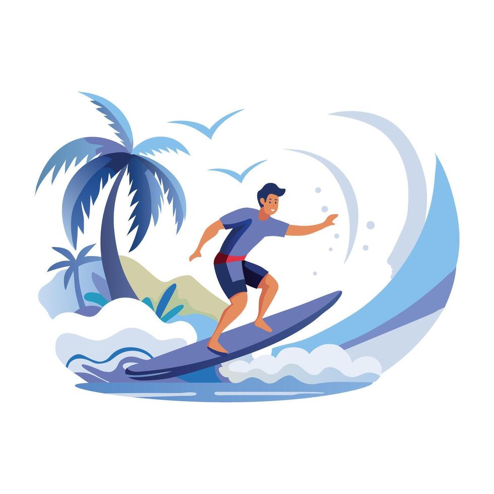A flat illustration showing a person surfing the water waves vector
