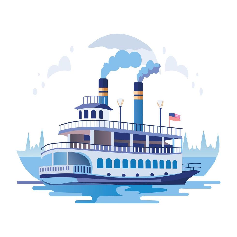 A flat illustration shows a riverboat cruising down a river vector