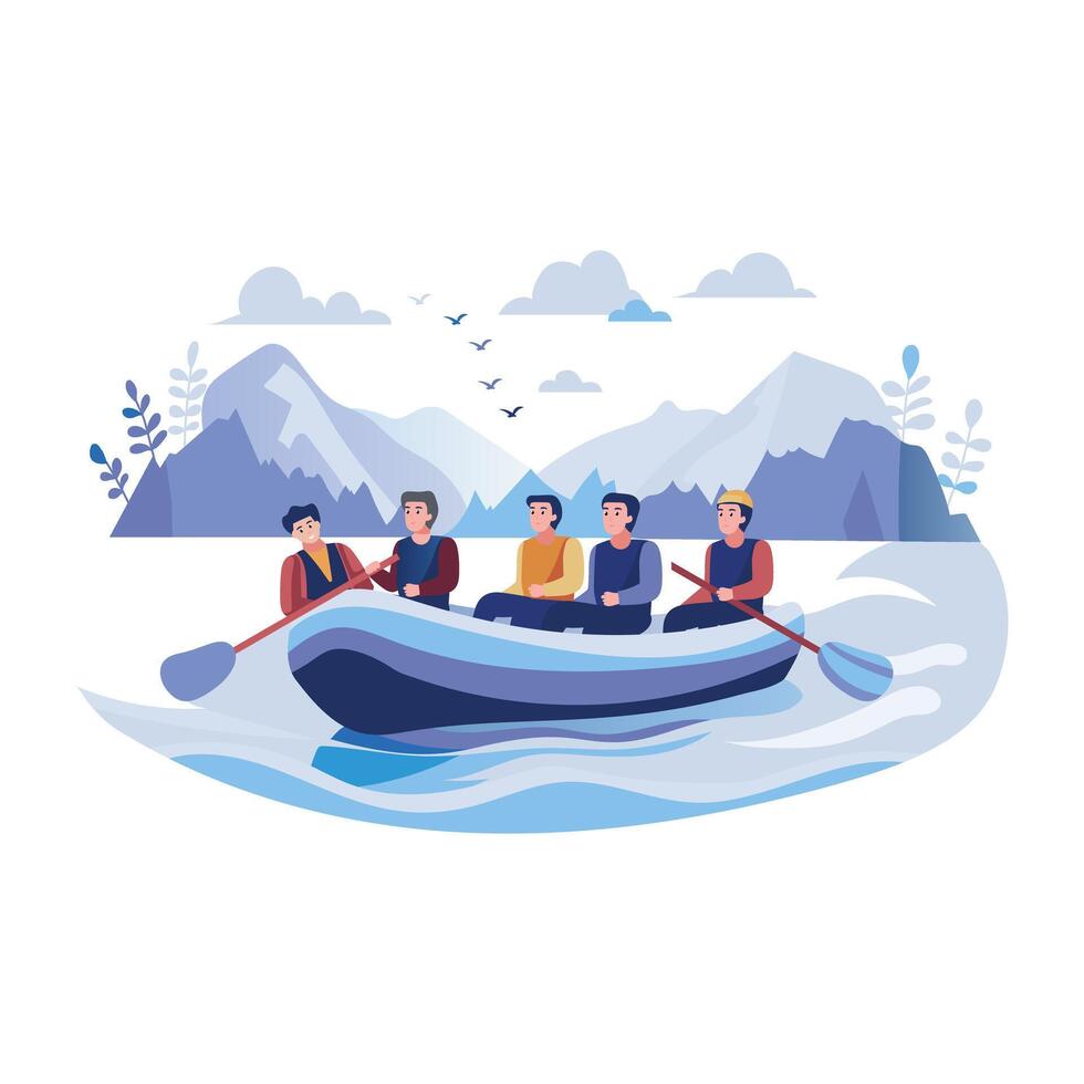 Flat illustration depicts a group enjoying a thrilling rafting adventure vector