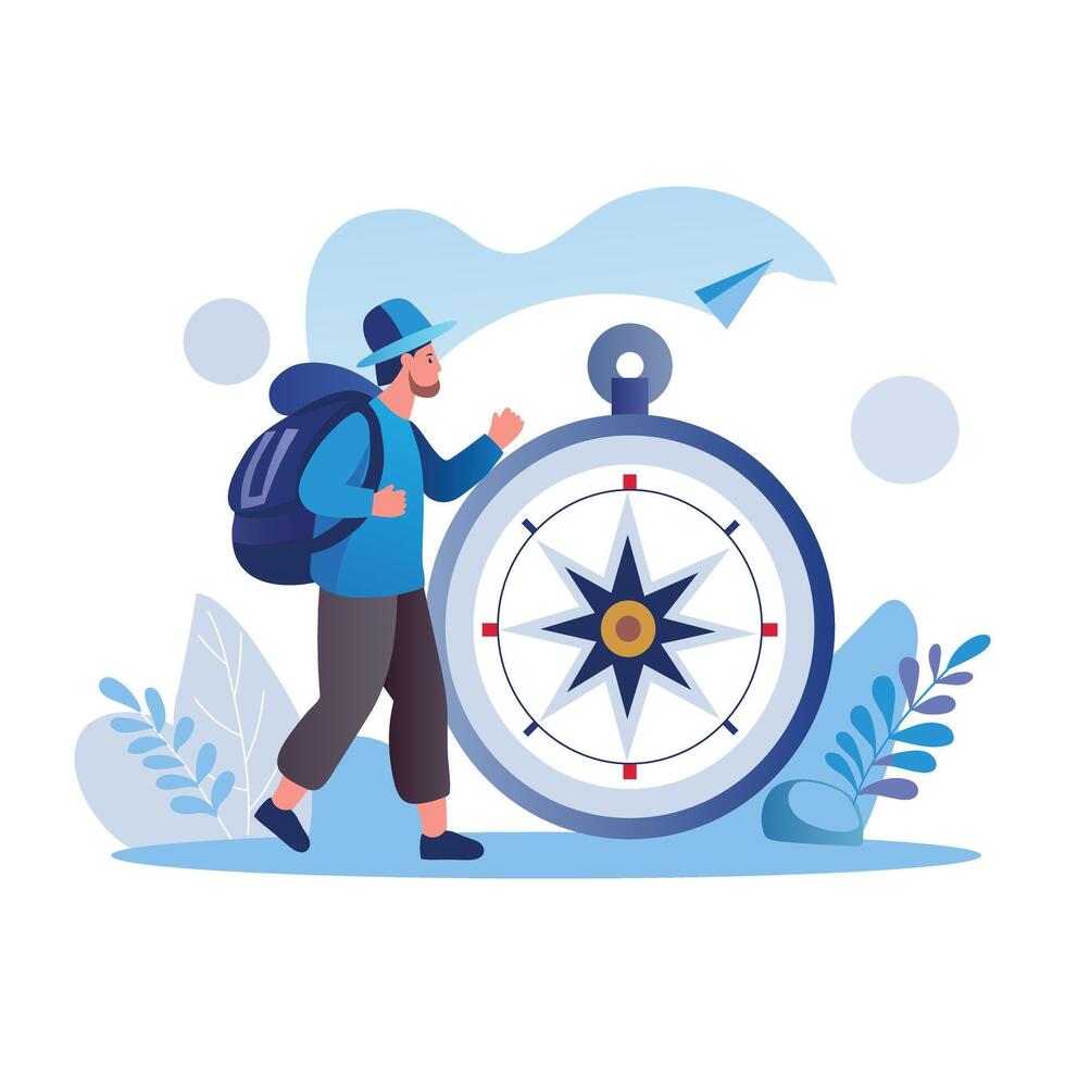 A flat illustration shows a backpacker with a travel compass, symbolizing the journey vector