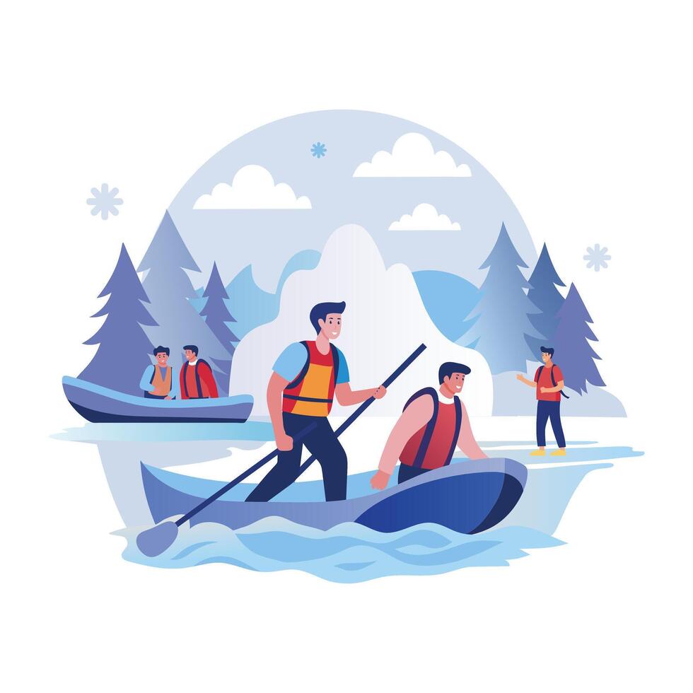 Group of friends enjoying kayaking, flat illustration vector