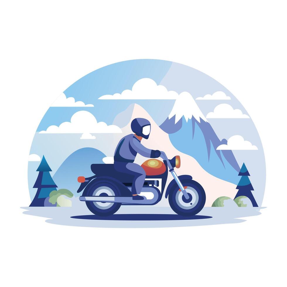 A flat illustration shows a person riding a motorcycle through a scenic mountain landscape vector